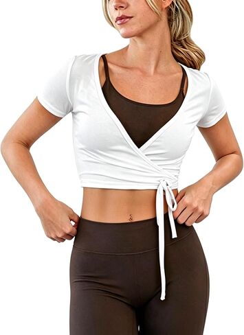 Womens Ballet Wrap Top Y2k Short Sleeve Crop Workout Top Wrap Tie Yoga Cover Up Shirt Casual Outfit in Kuwait