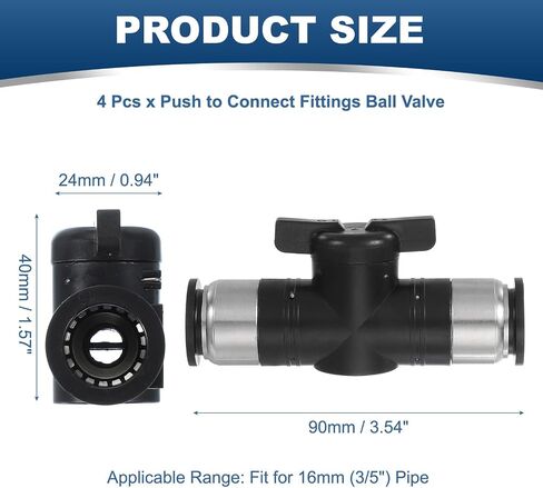 PATIKIL 16 مم (3/5 بوصة) ادفع لتوصيل صمام الكرة، 4 قطع 0-60 درجة BUC صمام التحكم في تدفق الهواء موصلات مستقيمة سريعة لخرطوم الهواء المناسب لخط أنابيب النظام الهوائي، أسود in Kuwait