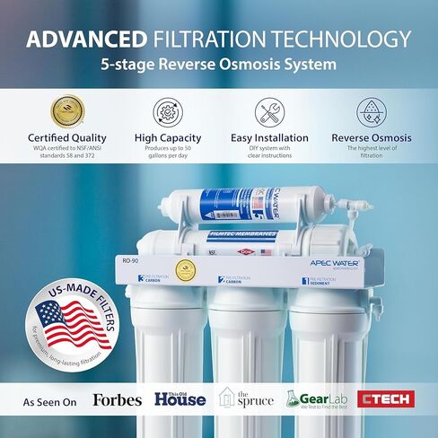 APEC Water Systems Ultimate Series Top Tier Supreme Certified High Output 90 GPD نظام تصفية مياه الشرب بالتناضح العكسي فائق الأمان، صنبور كروم in Kuwait