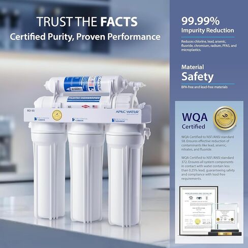APEC Water Systems Ultimate Series Top Tier Supreme Certified High Output 90 GPD نظام تصفية مياه الشرب بالتناضح العكسي فائق الأمان، صنبور كروم in Kuwait