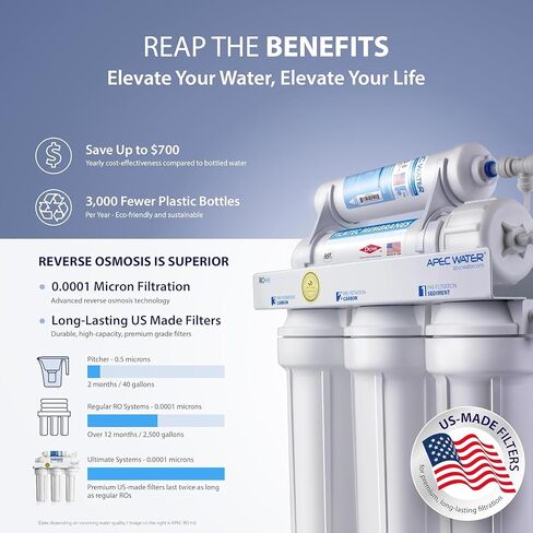 APEC Water Systems Ultimate Series Top Tier Supreme Certified High Output 90 GPD نظام تصفية مياه الشرب بالتناضح العكسي فائق الأمان، صنبور كروم in Kuwait
