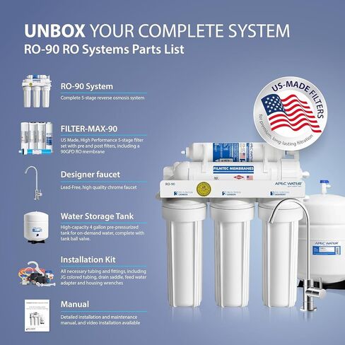 APEC Water Systems Ultimate Series Top Tier Supreme Certified High Output 90 GPD نظام تصفية مياه الشرب بالتناضح العكسي فائق الأمان، صنبور كروم in Kuwait