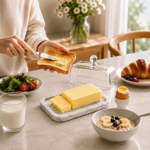 طبق زبدة رخامي بغطاء زجاجي، يناسب أعواد الزبدة الشرقية والغربية | طبق زبدة رخامية مع غطاء زجاجي، يناسب أعواد الزبدة الشرقية والغربية، حافظة زبدة رخامية طبيعية للكونترتوب والثلاجة in Kuwait