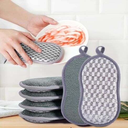 6 Pack Kitchen Scrub Sponges, Reusable Double Sided Washable Sponges Microfibre Scrubbing Sponge for Kitchen Dishes Plates Pans, Grey in Kuwait