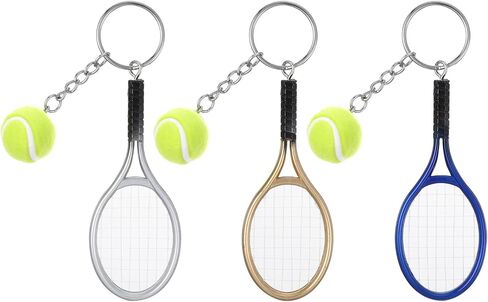 Skrfren 3 PCS Tennis Keychain, Color Mini Tennis Racket with Ball Keychain Key Ring Mini Cute TennisRacket Ball Key chain, TennisBall Charm Ornament for Women Men Girls Boys Gifts, Blue, Gold, Silver in Kuwait