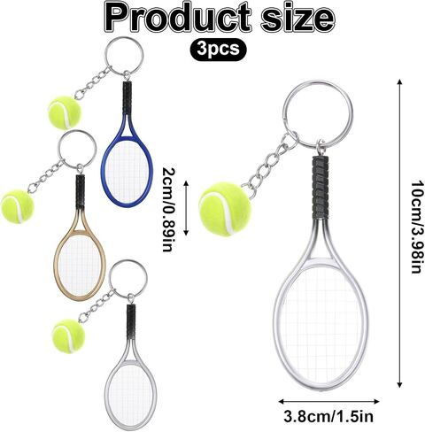 Skrfren 3 PCS Tennis Keychain, Color Mini Tennis Racket with Ball Keychain Key Ring Mini Cute TennisRacket Ball Key chain, TennisBall Charm Ornament for Women Men Girls Boys Gifts, Blue, Gold, Silver in Kuwait