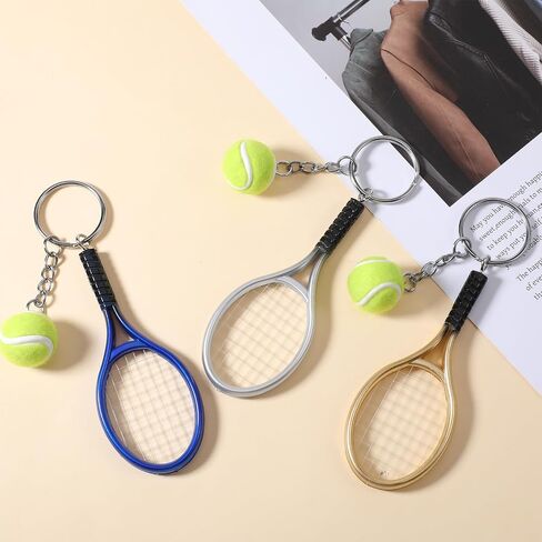 Skrfren 3 PCS Tennis Keychain, Color Mini Tennis Racket with Ball Keychain Key Ring Mini Cute TennisRacket Ball Key chain, TennisBall Charm Ornament for Women Men Girls Boys Gifts, Blue, Gold, Silver in Kuwait