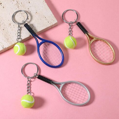 Skrfren 3 PCS Tennis Keychain, Color Mini Tennis Racket with Ball Keychain Key Ring Mini Cute TennisRacket Ball Key chain, TennisBall Charm Ornament for Women Men Girls Boys Gifts, Blue, Gold, Silver in Kuwait