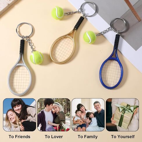 Skrfren 3 PCS Tennis Keychain, Color Mini Tennis Racket with Ball Keychain Key Ring Mini Cute TennisRacket Ball Key chain, TennisBall Charm Ornament for Women Men Girls Boys Gifts, Blue, Gold, Silver in Kuwait