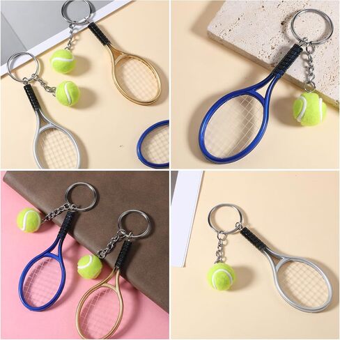 Skrfren 3 PCS Tennis Keychain, Color Mini Tennis Racket with Ball Keychain Key Ring Mini Cute TennisRacket Ball Key chain, TennisBall Charm Ornament for Women Men Girls Boys Gifts, Blue, Gold, Silver in Kuwait