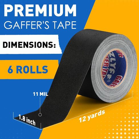 6 Pack Black Gaffers Tape 1.8"x12 Yards(Total 72 Yards), 11 Mil Industrial Grade Black Gaff Tape, No Residue, Non-Reflective, Easy Tear, Gaffer's Tapes for Securing Cables, Photography, Studio in Kuwait