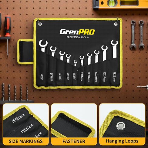 مجموعة مفاتيح ربط صامولة مضيئة من GRENPRO - 10 قطع من مجموعة مفاتيح خط الفرامل الفولاذية CR-V للسيارات والشاحنات، مقاسات قياسية كاملة (1/4 بوصة - 7/8 بوصة) ومتري (9-21 مم)، تتضمن حقيبة تخزين ومقياس تحديد الهوية in Kuwait