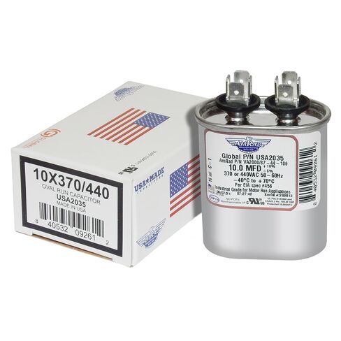 استبدال Trane CPT00088 / CPT-0088 - 10 فائق التوهج/Mfd 370/440 VAC AmRad Oval Universal CapacitorReplacement صنع في الولايات المتحدة الأمريكية | صُنع في الولايات المتحدة الأمريكية. in Kuwait