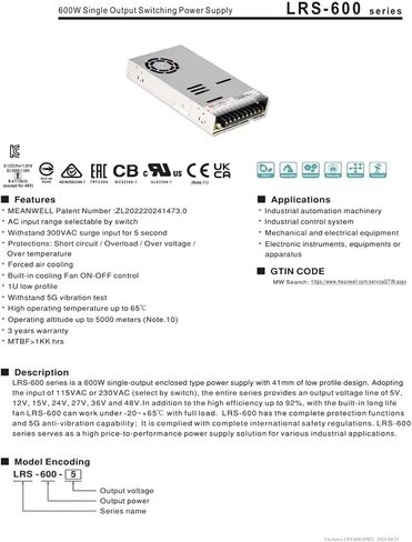 LRS-600-48 600 واط مخرج واحد تحويل التيار الكهربائي LRS-600 48V / 12.5A in Kuwait