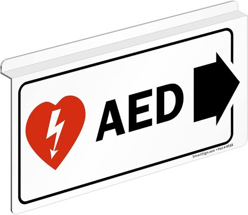 لافتة SmartSign "AED" ذات سقف منسدل على الوجهين مع سهم يمين، مقاس 6 × 12 بوصة، لافتة ألومنيوم 35 مل، معلقة/تعليق من بلاط السقف، أحمر/أسود/أبيض، صنع في الولايات المتحدة الأمريكية in Kuwait