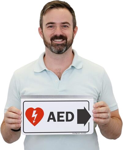 لافتة SmartSign "AED" ذات سقف منسدل على الوجهين مع سهم يمين، مقاس 6 × 12 بوصة، لافتة ألومنيوم 35 مل، معلقة/تعليق من بلاط السقف، أحمر/أسود/أبيض، صنع في الولايات المتحدة الأمريكية in Kuwait