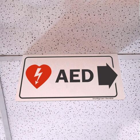 لافتة SmartSign "AED" ذات سقف منسدل على الوجهين مع سهم يمين، مقاس 6 × 12 بوصة، لافتة ألومنيوم 35 مل، معلقة/تعليق من بلاط السقف، أحمر/أسود/أبيض، صنع في الولايات المتحدة الأمريكية in Kuwait
