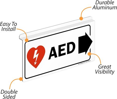 لافتة SmartSign "AED" ذات سقف منسدل على الوجهين مع سهم يمين، مقاس 6 × 12 بوصة، لافتة ألومنيوم 35 مل، معلقة/تعليق من بلاط السقف، أحمر/أسود/أبيض، صنع في الولايات المتحدة الأمريكية in Kuwait