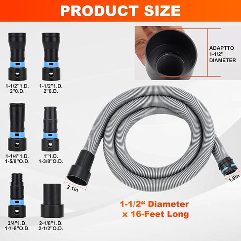 Commercial Dust Collection Hose Kit: 16.4FT Shop Vac Extension TPE Hose With 6 Adapter For Shop&Home Vacuums System - 1.1/2 Inch Hose Compatible with Woodworking Power Tool & Sander in Kuwait