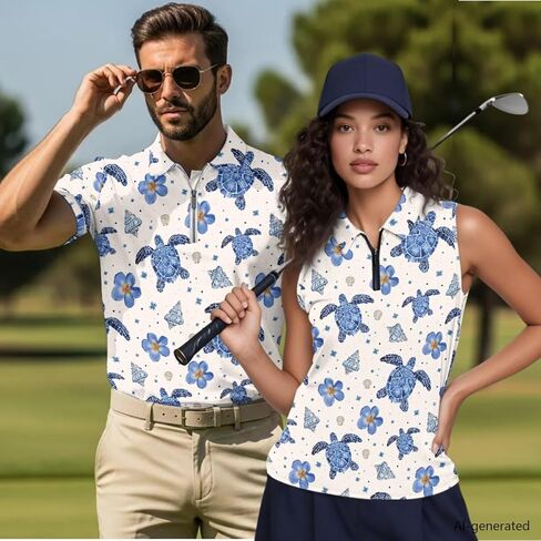 INSTANTARTS Matching Couple Outfits Mens Golf Shirts Short Sleeve Workout Tops and Women's Golf Sleeveless Shirts 1/4 Zip Up in Kuwait