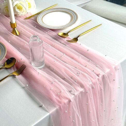 Pink Table Runner,120 Inch 10FT Tulle Gauze Fabric Table Runners with Pearls,1 Piece Sheer Lace Tables Decor for Dining Wedding Birthday Baby Shower Valentine’s Day Home Holiday Party（Pink in Kuwait