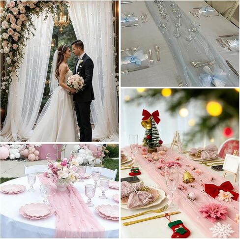 Pink Table Runner,120 Inch 10FT Tulle Gauze Fabric Table Runners with Pearls,1 Piece Sheer Lace Tables Decor for Dining Wedding Birthday Baby Shower Valentine’s Day Home Holiday Party（Pink in Kuwait
