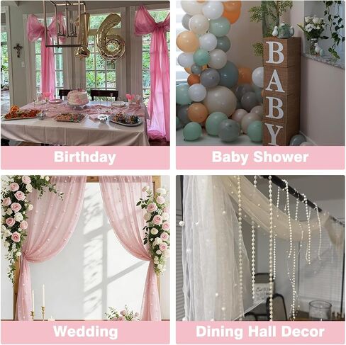 Pink Table Runner,120 Inch 10FT Tulle Gauze Fabric Table Runners with Pearls,1 Piece Sheer Lace Tables Decor for Dining Wedding Birthday Baby Shower Valentine’s Day Home Holiday Party（Pink in Kuwait
