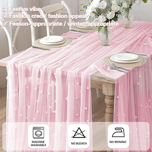Pink Table Runner,120 Inch 10FT Tulle Gauze Fabric Table Runners with Pearls,1 Piece Sheer Lace Tables Decor for Dining Wedding Birthday Baby Shower Valentine’s Day Home Holiday Party（Pink in Kuwait