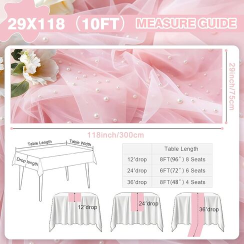 Pink Table Runner,120 Inch 10FT Tulle Gauze Fabric Table Runners with Pearls,1 Piece Sheer Lace Tables Decor for Dining Wedding Birthday Baby Shower Valentine’s Day Home Holiday Party（Pink in Kuwait