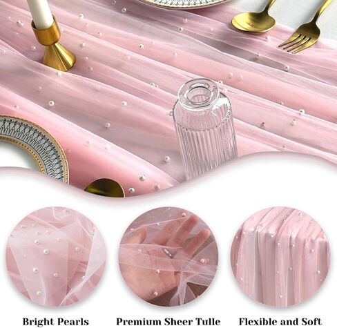 Pink Table Runner,120 Inch 10FT Tulle Gauze Fabric Table Runners with Pearls,1 Piece Sheer Lace Tables Decor for Dining Wedding Birthday Baby Shower Valentine’s Day Home Holiday Party（Pink in Kuwait