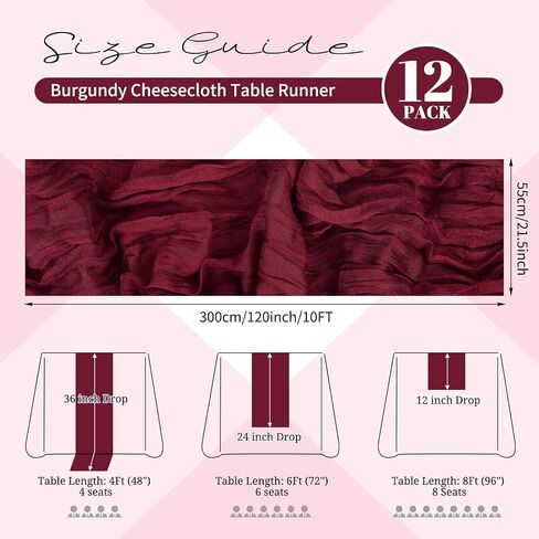 12 Pack Burgundy Cheesecloth Table Runner 120 inch Fall Thanksgiving Boho Rustic Gauze Farmhouse 10FT Cheese Cloth Runner for Baby Shower Wedding Party Holiday Home Decor in Kuwait