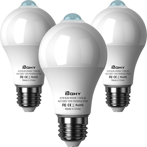 Motion Sensor Light Bulbs, 5500K Daylight Motion Activated Dusk to Dawn Security Light Bulb, 13W(100W Equivalent) E26 A19 Security LED Bulb Outdoor/Indoor, 3 Pack in Kuwait