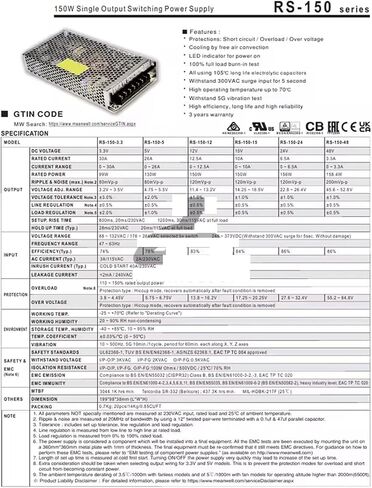 RS-150 Series Switching Power Supply RS-150-3.3 RS-150-5 RS-150-12 RS-150-15 RS-150-24 RS-150-48(RS-150-15) in Kuwait