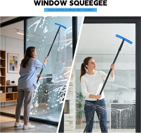 FOSHIO TPU Squeegee 10-Inch Blade with 4 Extension Poles (Extends up to 63 Inches), Anti-Slip Grip Handle Rubber Squeegee Streak-Free Cleaning for Car Windows, Shower Doors, Mirrors, Glass in Kuwait