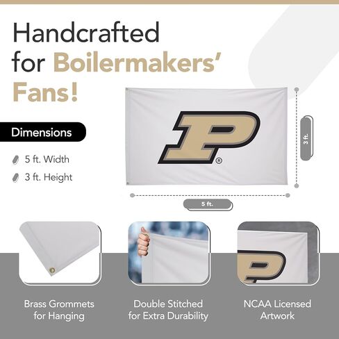 علم مطبوع من Purdue Boilermakers College Sports - مرخص من الرابطة الوطنية لرياضة الجامعات - نايلون - لافتة مدرسية (أبيض، ذهبي) (3 × 5 بوصات) in Kuwait