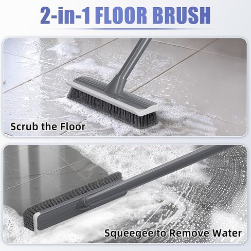 2 in 1 Floor Scrub Brush: Deck Brush with Squeegee - Long Adjustable Handle - 55'' Stiff Bristle Scrape Brush for Deck Patio Garage Shower Bathroom in Kuwait