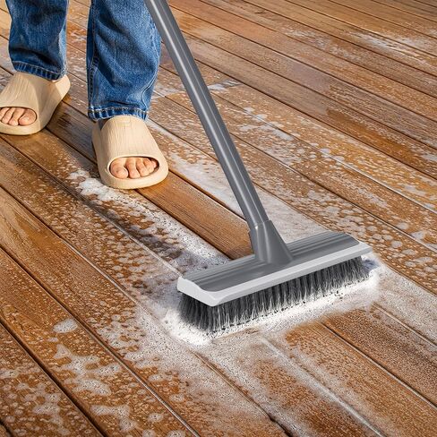 2 in 1 Floor Scrub Brush: Deck Brush with Squeegee - Long Adjustable Handle - 55'' Stiff Bristle Scrape Brush for Deck Patio Garage Shower Bathroom in Kuwait
