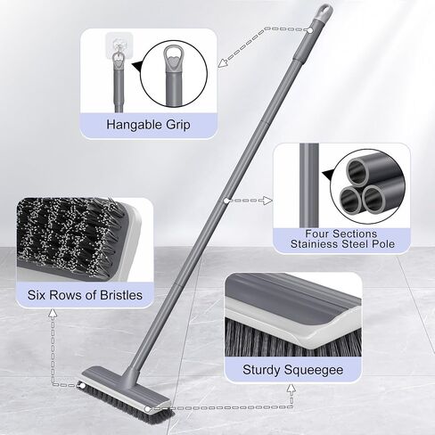 2 in 1 Floor Scrub Brush: Deck Brush with Squeegee - Long Adjustable Handle - 55'' Stiff Bristle Scrape Brush for Deck Patio Garage Shower Bathroom in Kuwait