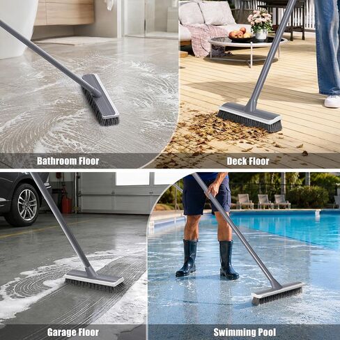 2 in 1 Floor Scrub Brush: Deck Brush with Squeegee - Long Adjustable Handle - 55'' Stiff Bristle Scrape Brush for Deck Patio Garage Shower Bathroom in Kuwait