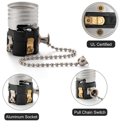 UL Listed Pull Chain Lamp Socket Replacement, E26/E27 Light Socket Interior with Pull Chain Switch, Medium Base, Lamp Repair Parts for Table Lamp and Floor Lamp, Lamp Switch Replacement,（2 Pack） in Kuwait