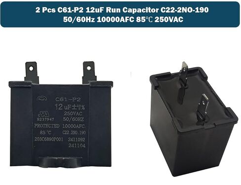 2 قطعة C61-P2 12 فائق التوهج مكثف C22-2NO-190 تشغيل مكثف للثلاجة AC مروحة غطاء محرك السيارة يستبدل WPW10662129 WR55X24064 50/60 هرتز 10000AFC 85 درجة مئوية 250VAC E237947 in Kuwait
