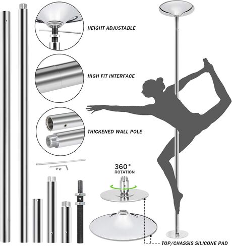 Saturnpower Stripper Pole Spinning Static Dance Pole 45 ملم مجموعة عمود الرقص المحمولة القابلة للإزالة مع تمديد للمبتدئين المحترفين في ممارسة التمارين الرياضية في النادي والحفلات المنزلية وصالة الألعاب الرياضية واللياقة البدنية، فضي in Kuwait