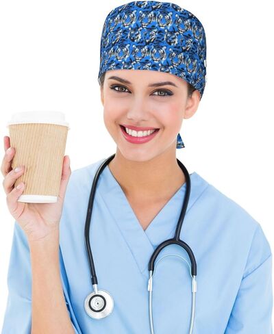 بارد الأزرق النمر طباعة قبعات فرك النساء الرجال، قابل للتعديل قبعة ممرضة الجراحية قبعات فرك القبعات للنساء الرجال، قبعة العمل مع أزرار لتعليق أقنعة الوجه in Kuwait