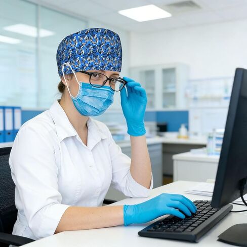 بارد الأزرق النمر طباعة قبعات فرك النساء الرجال، قابل للتعديل قبعة ممرضة الجراحية قبعات فرك القبعات للنساء الرجال، قبعة العمل مع أزرار لتعليق أقنعة الوجه in Kuwait