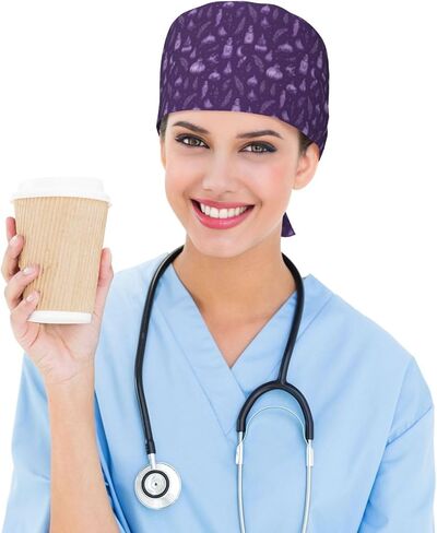 Purple Mystical Herbs Print Scrub Caps Women Men, Nurse Cap Surgical Caps Scrub Hats for Women Men, Adjustable Working Cap with Sweatband in Kuwait