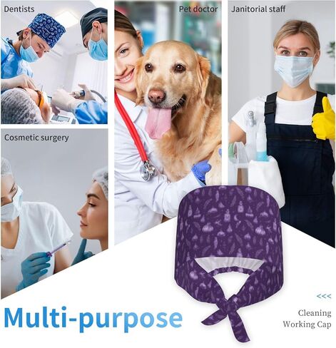Purple Mystical Herbs Print Scrub Caps Women Men, Nurse Cap Surgical Caps Scrub Hats for Women Men, Adjustable Working Cap with Sweatband in Kuwait