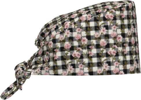 Pink Flower White Plaid Print Scrub Caps Women Men, Nurse Cap Surgical Caps Scrub Hats for Women Men, Adjustable Working Cap with Sweatband in Kuwait