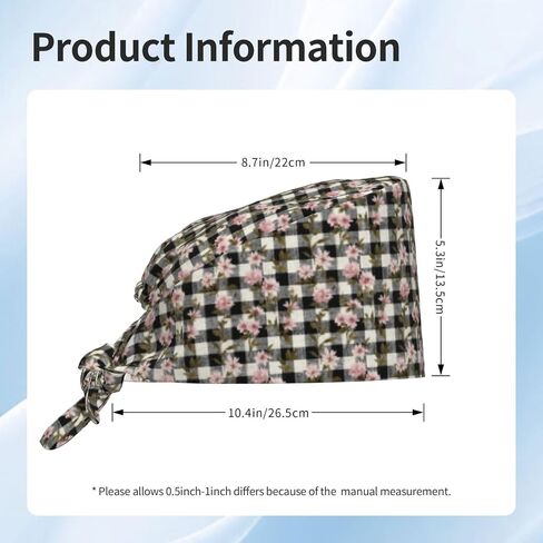 Pink Flower White Plaid Print Scrub Caps Women Men, Nurse Cap Surgical Caps Scrub Hats for Women Men, Adjustable Working Cap with Sweatband in Kuwait