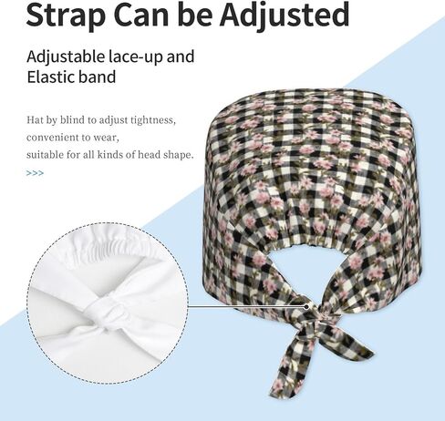 Pink Flower White Plaid Print Scrub Caps Women Men, Nurse Cap Surgical Caps Scrub Hats for Women Men, Adjustable Working Cap with Sweatband in Kuwait