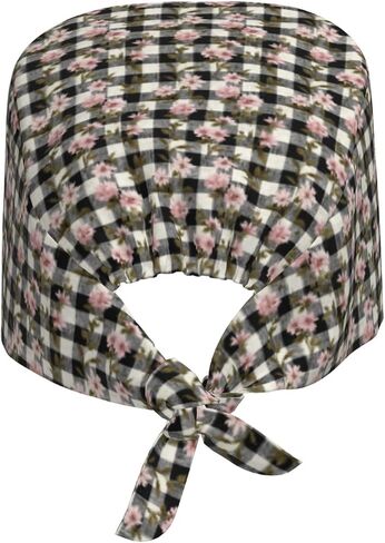Pink Flower White Plaid Print Scrub Caps Women Men, Nurse Cap Surgical Caps Scrub Hats for Women Men, Adjustable Working Cap with Sweatband in Kuwait